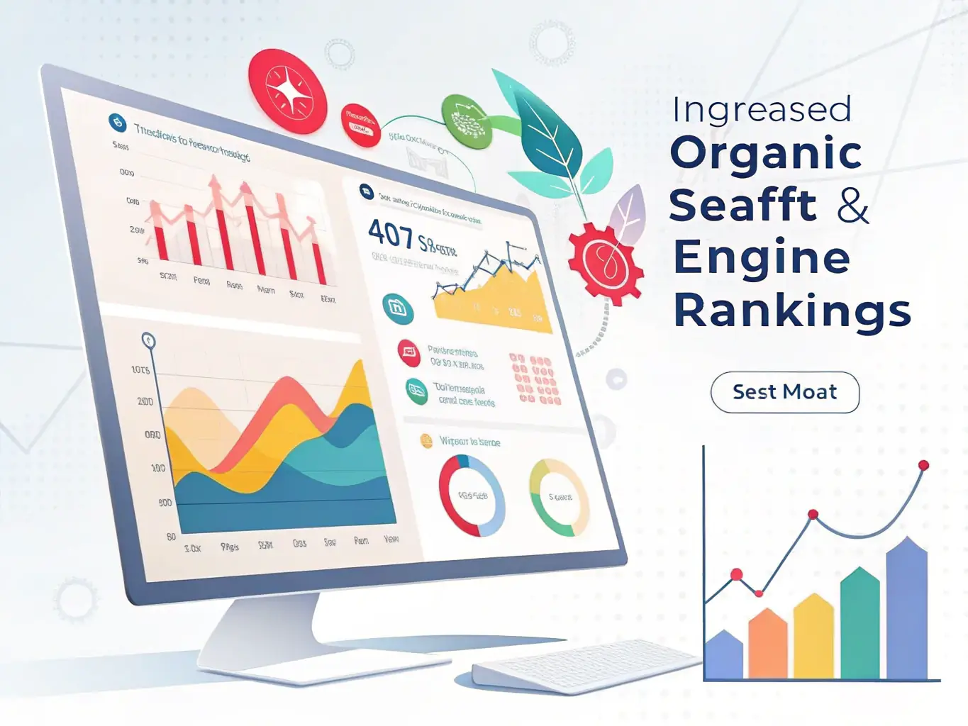 An image depicting search engine optimization (SEO) elements, such as keywords, rankings, and analytics, integrated into a website design.